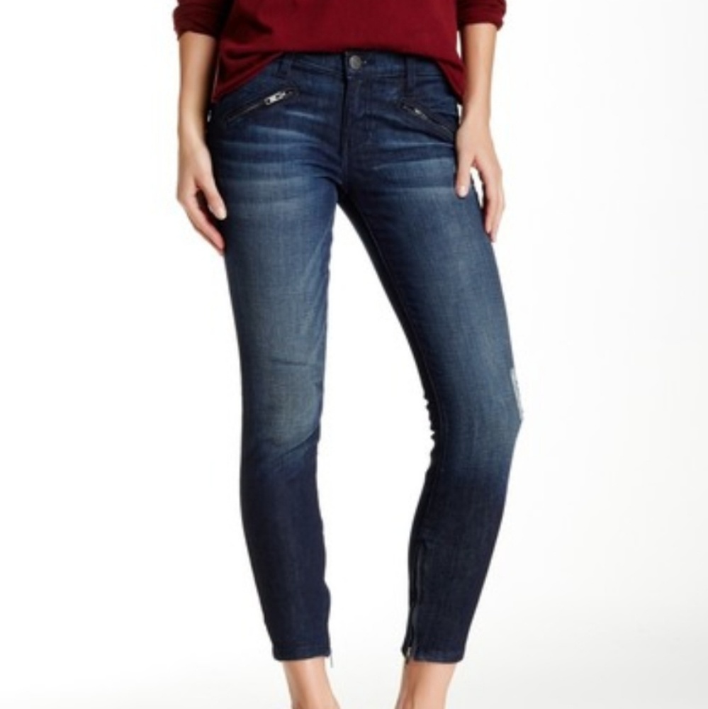 Current Elliott Silverlake Zip Datk Blue Distressed Skinny Moto Jeans Size 26 - Picture 2 of 8